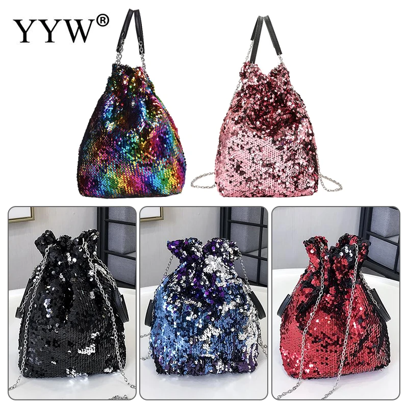 Polyester Colorful Sequin Bucket Bag Shopping Shoulder Bags Pu Leather Crossbody Bags For Women Mix Color Fashion Top Handle Bag