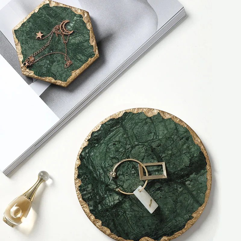 JINSERTA Marble Storage Tray Green Jewelry Display Plate Necklace Ring Earrings Cosmetic Organizer Desktop Sundries Decor Tray