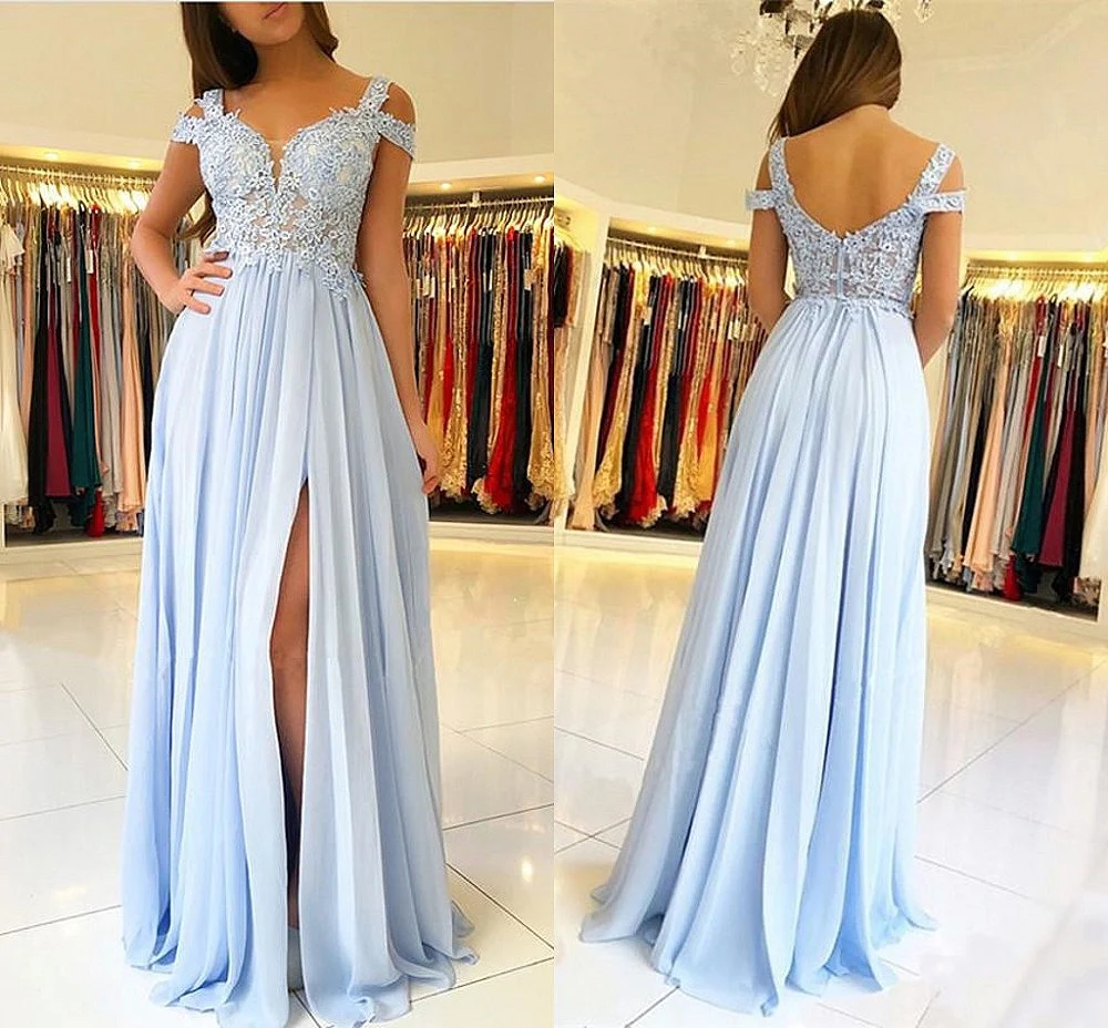 Vestidos de dama de Honor azul cielo con abertura lateral larga, hombros descubiertos, apliques de encaje, vestidos de fiesta de graduación, vestidos de dama de Honor invitados de boda