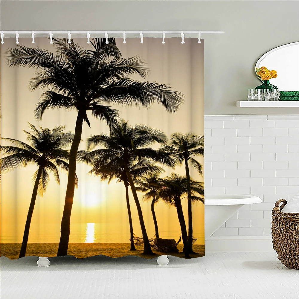 Sunset Dusk Beach Palm Tree Seaside Scenery Fabric Shower Curtain Waterproof Bath Curtains for Bathroom Decorate with 12 Hooks