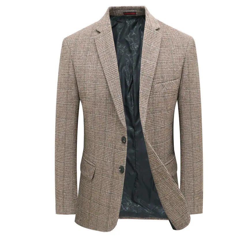 Veste en laine Tweed pour Homme, costume en tissu de laine à carreaux, bleu marine, gris Camel, col cranté, boutons de manchette, manteaux Design