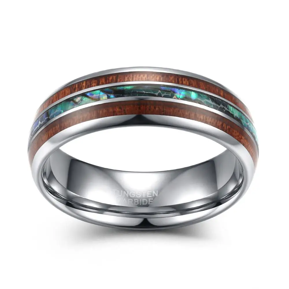 TIGRADE 8mm Tungsten Carbide Rings Hawaiian Koa Wood and Abalone Shell Wedding Bands for Men Comfort Fit Size 6-13 Brand bague