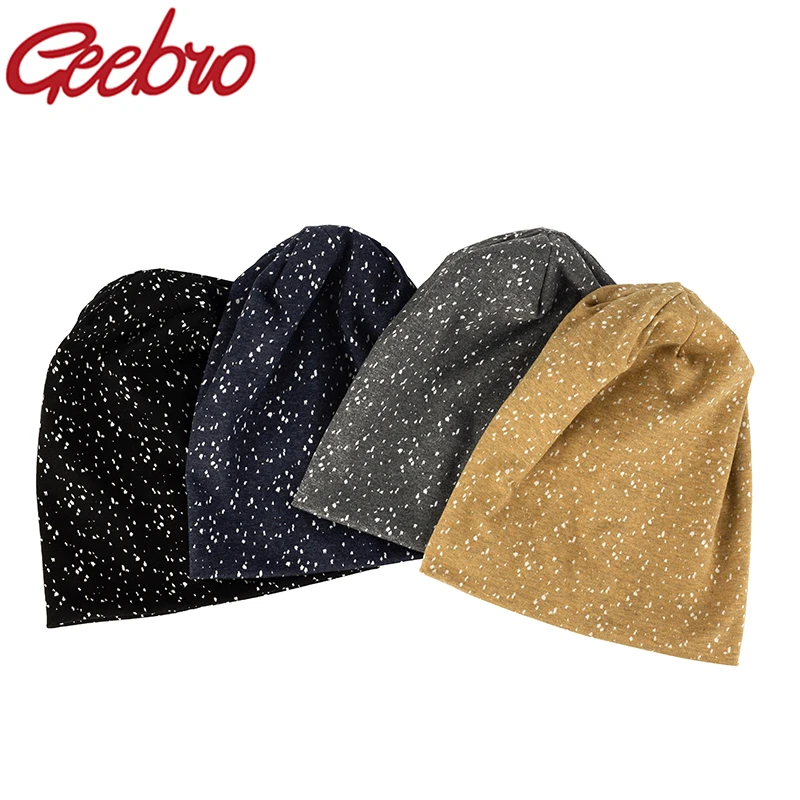 Geebro Women Slouchy White dot Stretch Beanie Hat Autumn Winter Warm Soft Beanies Solid Color Skull Cap For Ladies Men