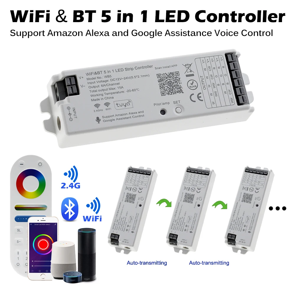 Smart LED Controller WiFi BT 5 IN 1 2.4GHz RF RGB+CCT Remote Controller For Full Color / RGBW / RGB / Dual White LED Strip