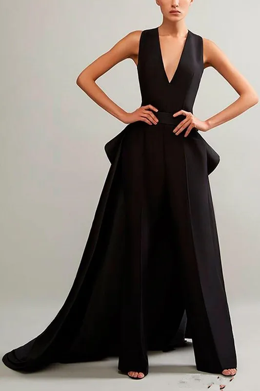 Black Evening Jumpsuits With Detachable Skirt V Neck Prom Gowns ruffles peplum Cheap Plus Women Formal Pant suit