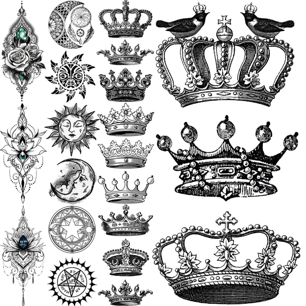 Black Crown Bird Temporary Tattoos For Women Adults Realistic Dream Catcher Henna Sun Rhinestone Tattoo Sticker Body Back Tatoos