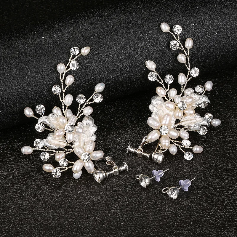 Floralbride Handmade Rhinestones Crystal Freshwater Pearls Bridal Dangle Earring Wedding Clip On Earring Women Girls Jewelry
