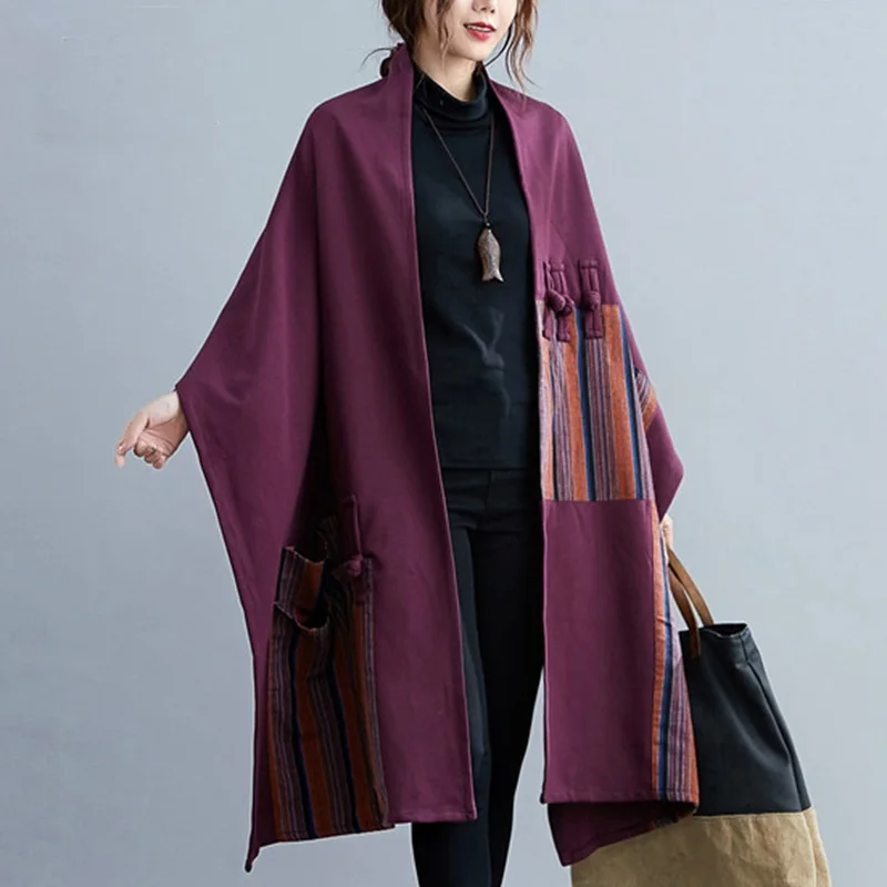 Vintage Cotton Cloak Women 2021 Patchwork Capes Shawl Trench Thick Coat Ponchos Mujer Elegant Long Cape Poncho Women 31187