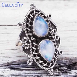 Cellacity Vintage Thai Silver Ring for Women Fine Jewelry with Water Drop Shaped Moonstone Gemstones Female Party Rings Gift