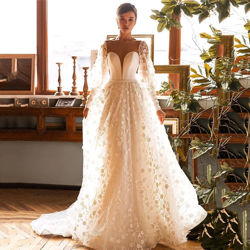 Elegante Vestido de novia de manga larga, de encaje, línea A, con botones traseros transparentes, Vintage, 2021