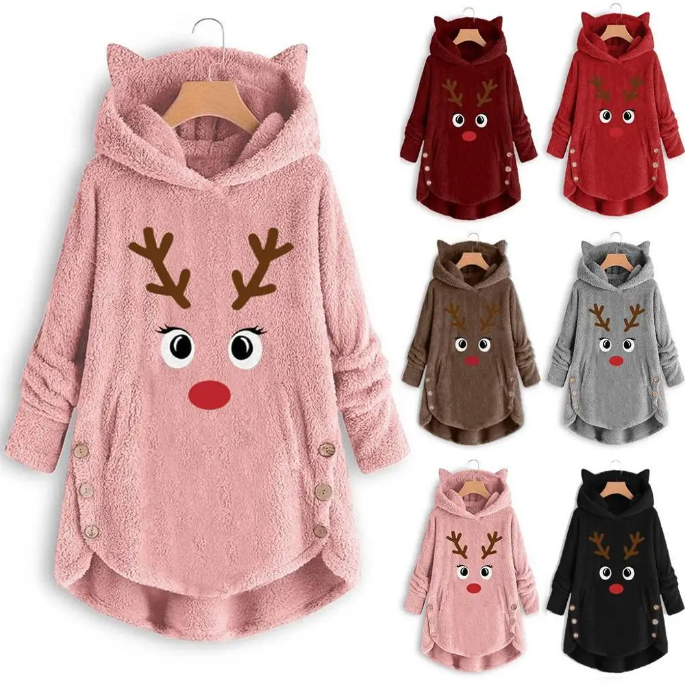 New Fashion Women Printed Cat Ears Hooded Large Size Long Sleeve Button Sweater Warm Pullover Christmas Casual Tops Sweaters