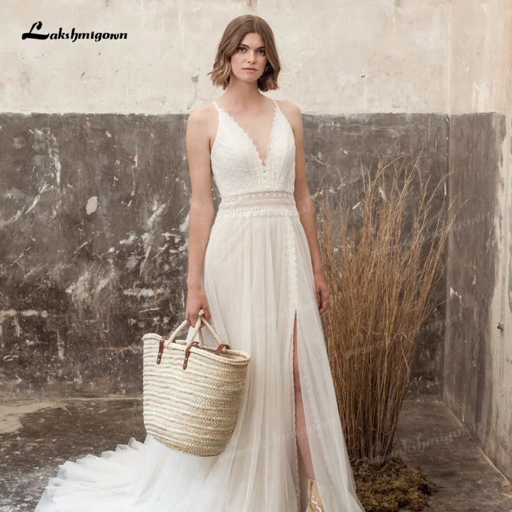 Vestido de novia de encaje bohemio, elegante, con tirantes finos, cuello en V, corte lateral de tul, 2022