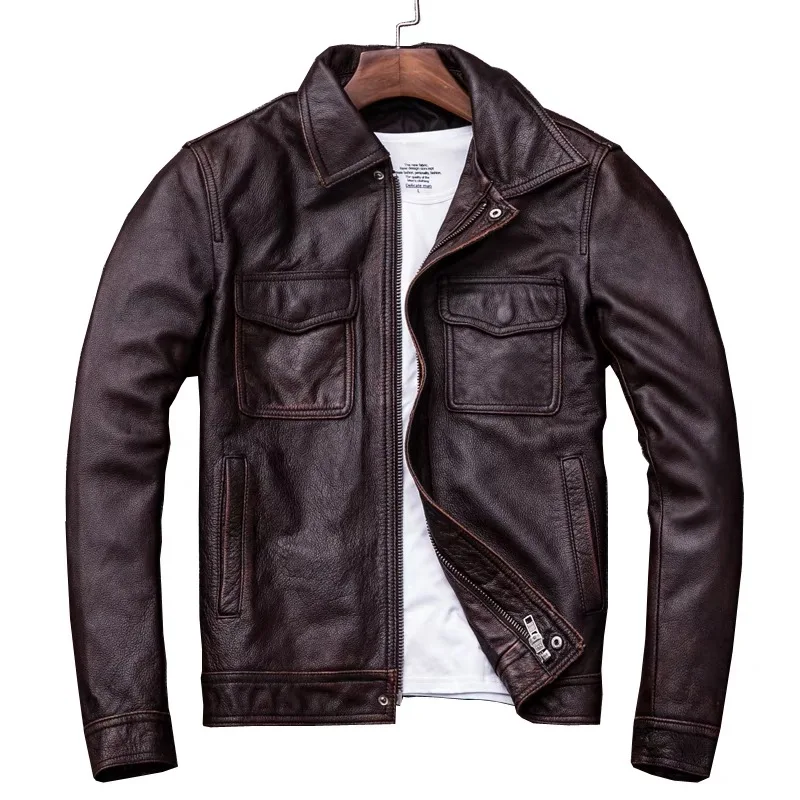 Autumn Winter Men Lapel Leather Jacket Coat 100% First Layer Cowhide Nostalgia Retro Motorcycle Jacket