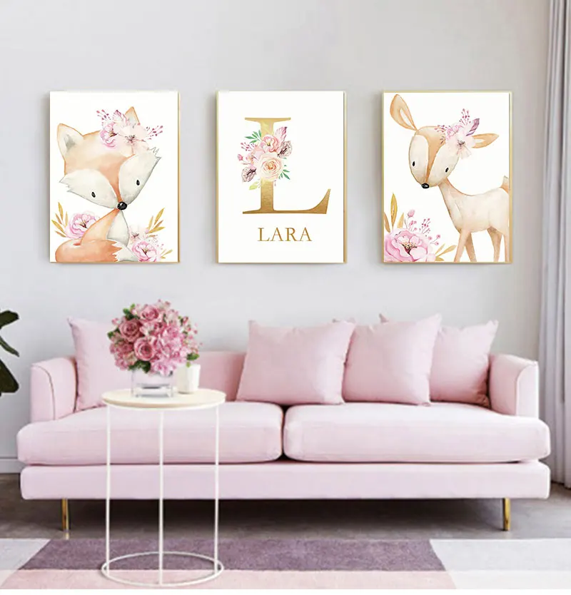 Flowers Poster Nordic Wall Pictures Girl Baby Room Decor Woodland Animal Print Nursery Canvas Painting Custom Name Wall Art Pink