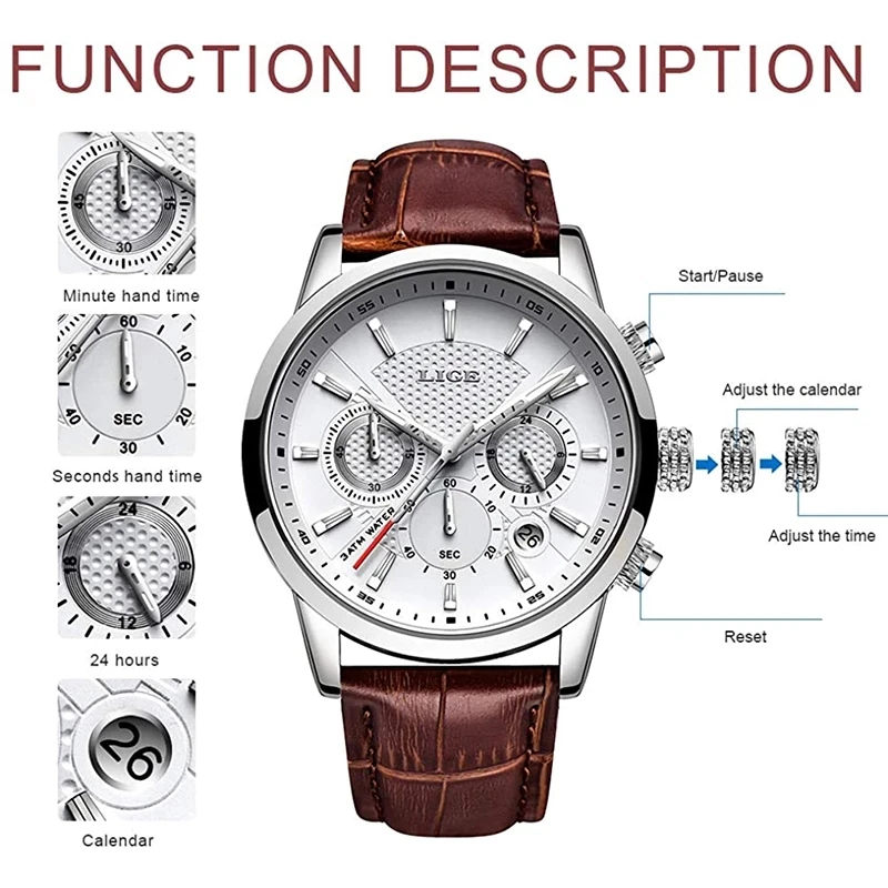 Watches Mens 2023 LIGE Top Brand Luxury Casual Leather Quartz Men\'s Watch Business Clock Male Sport Waterproof Date Chronograph