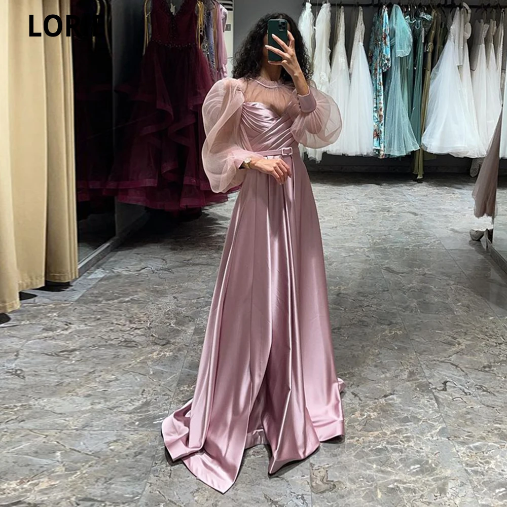 LORIE – robe De Soirée longue en Satin rose poussiéreux, Simple, col haut, manches bouffantes