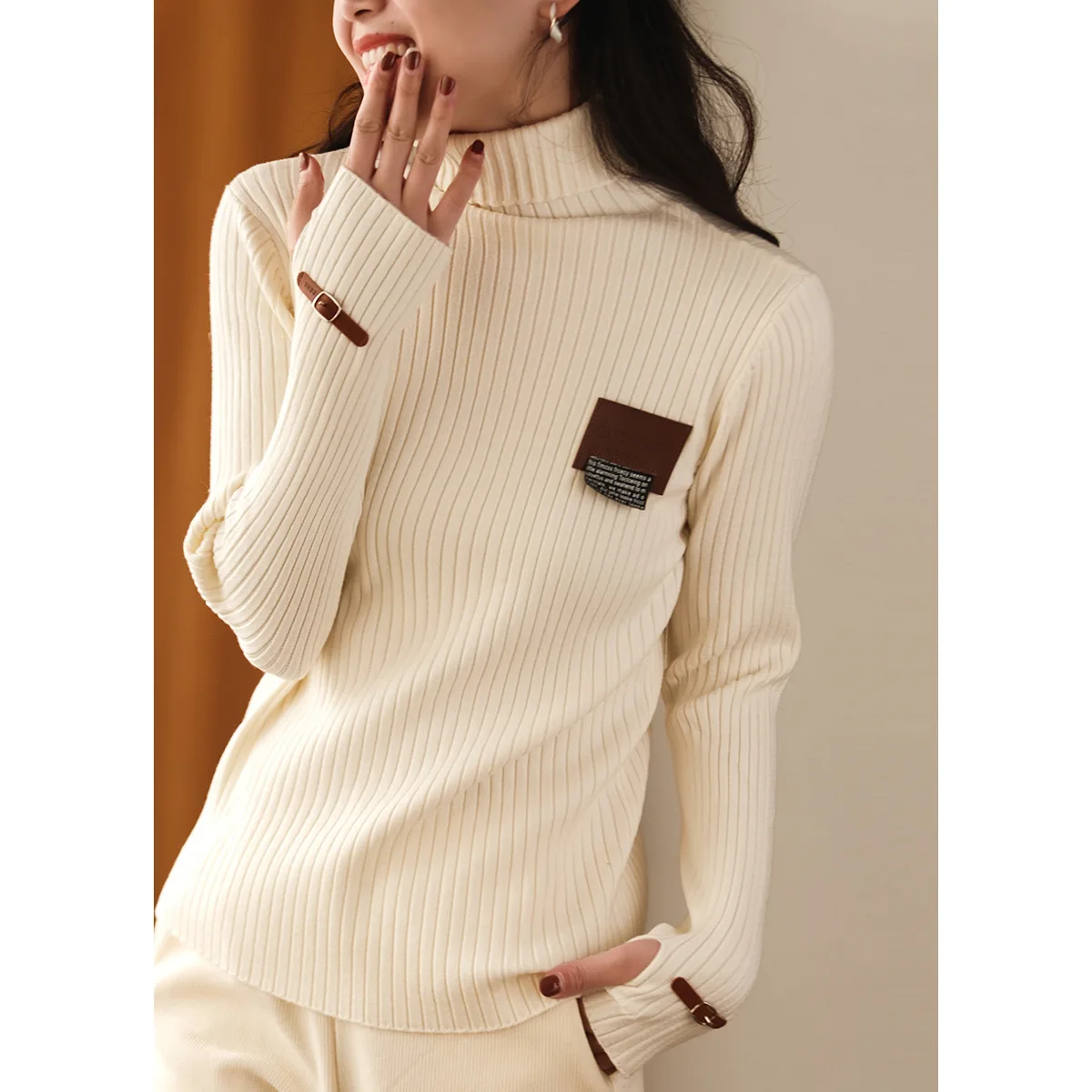 Winter Nieuwe Modale Coltrui Vrouwen Trui Patch Knit Elegante Kantoor Dame Eenvoudige Slanke Warme Vrouwelijke Lange Mouwen Tops