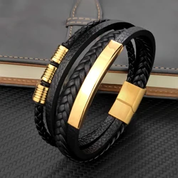 Stainless Steel Beads Luxury Charm Men Bracelet Magnetic Clasp Braided Mutilayer Leather Wrapping Punk Bangles Man Jewelry Gift