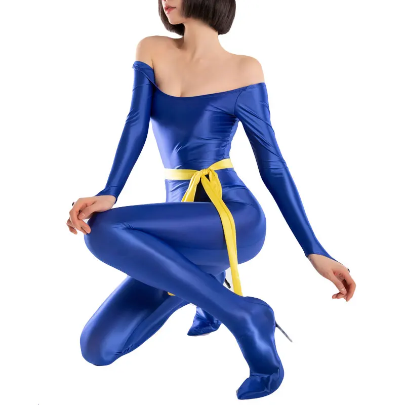 

Cosplay Women Slash Neck Oil Shiny Full Bodysuit Smooth Pants Oil Gloosy Sexy Tight Shaping Candy Color Sexy Tight F70