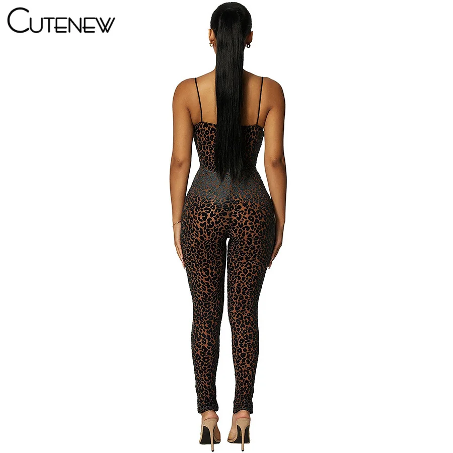 Cutenew Y2K Leopard Print Skinny Casual Strap Jumpsuits Women Fashion Sexy Sleeveless Backless Slim Stretch Lady Party Clubwear