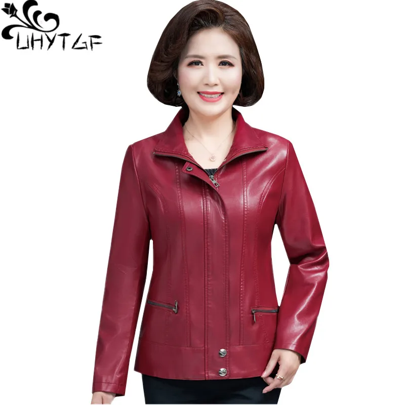 

UHYTGF Autumn Winter Leather Jacket Women Stand Collar Elegant Mother Short Top PU Washed Leather 6XL Big Size Leather Coat 829