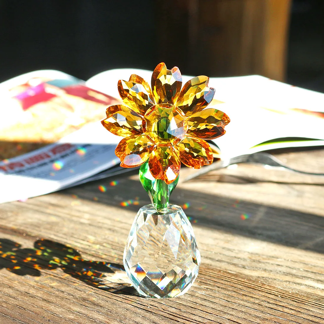 

H&D Crystal Sunflower Figurine Glass Flower Collectible Ornament Paperweight Home Decoration Souvenir Christmas Birthday Gift