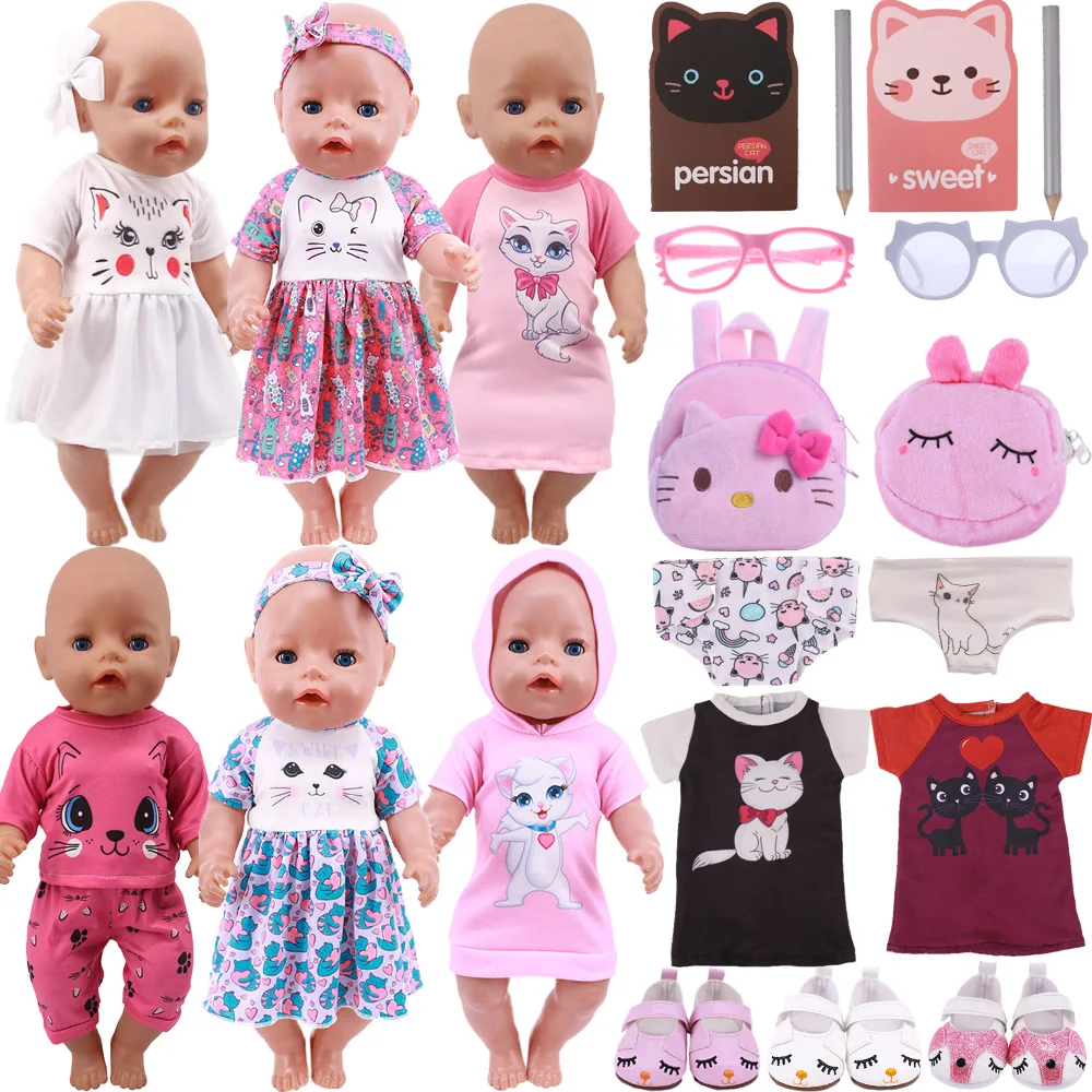 Doll Accessories Cat Pattern Cute Kitty Dress For 18 Inch Americna Doll & 43 Cm Baby New Born Clothes,Our Generation Girl's Gift