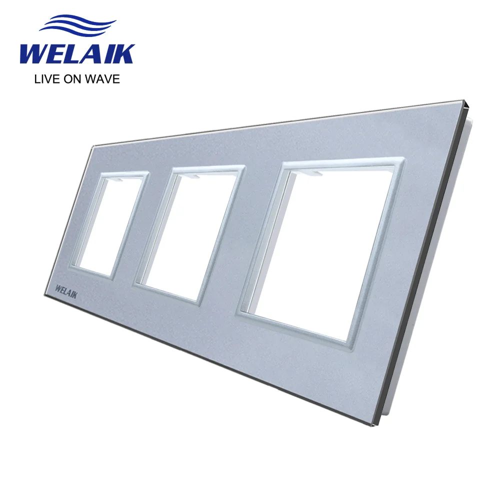 WELAIK  EU 3Frame 222*80mm White Wall Socket Outlet Square Hole Crystal Tempered Glass Panel Only DIY Parts  A3888W1