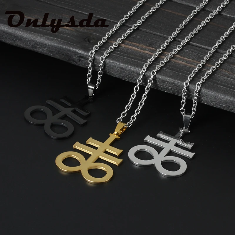 Casual Men's Necklace Black Stainless Steel Satan Cross Seal of Lucifer Pendant Stylish Satanic Satan Faith Jewelry