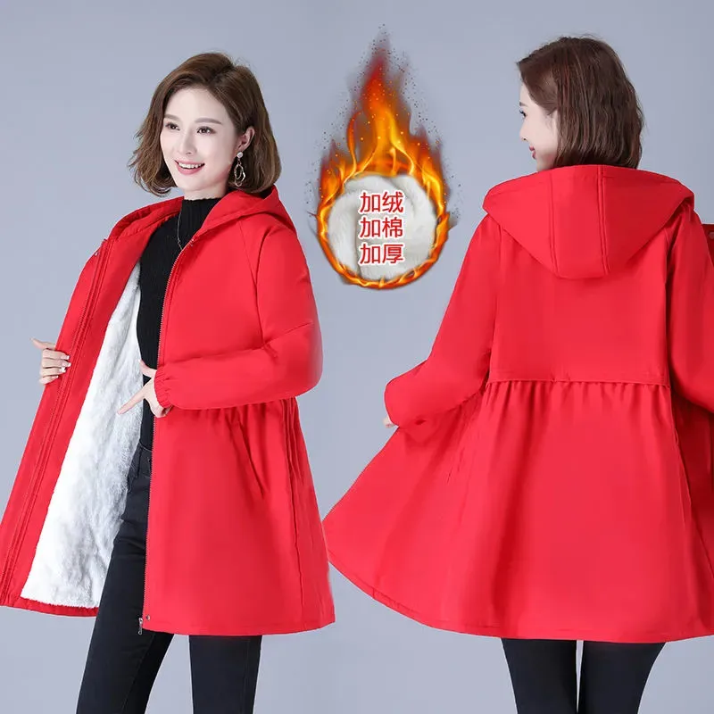 Velvet Women Windbreaker 2022 New Autumn Female Fleece Jacket Coats Loose Hooded Long Parkas Female Basic Coat 4XL Q165