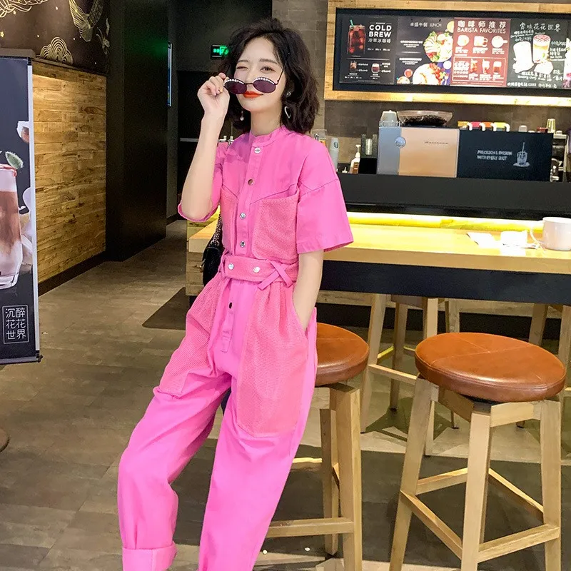 ฤดูร้อนใหม่สีขาว Cargo สูงเอวตรงแฟชั่นผู้หญิง Casual Sashes แขนสั้นสุภาพสตรี Jumpsuits HOT