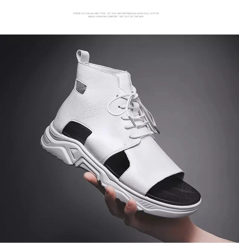 Men\'s Summer Sandals Leather Open Toe Thick Soled Hollow Lace Up Sandals Fashion High Top Sports Sandals Roman Sandals Dad Shoes