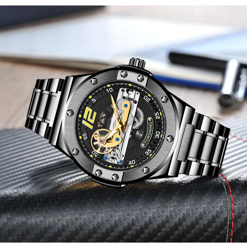 Forsining Male Mechanical Watches Men Creative Golden Bridge Transparent Relogio Masculino Stainless Steel Band Watch Gifts