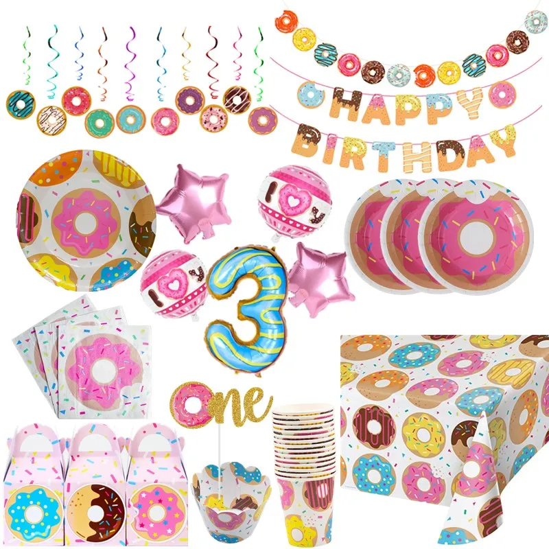 Donut Party Disposable Tableware Kids Birthday Party Decoration Tablecloth Paper Plates Cups Napkin Baby Shower Table Accessorie