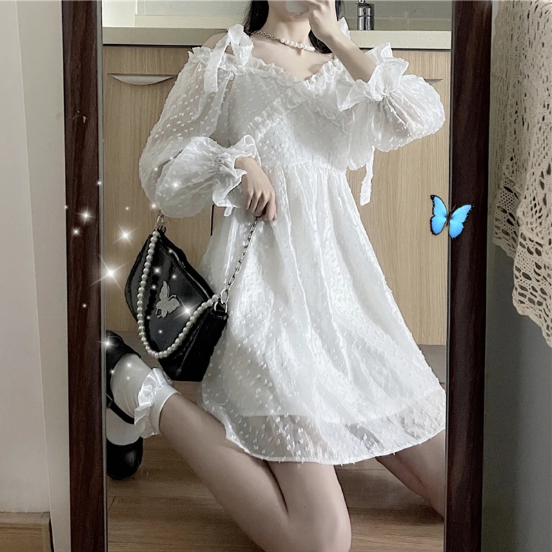 

French Style lolita dress White Chiffon off-Shoulder Suspender Dress Sun Protection Long Sleeve Dress for Women Summer