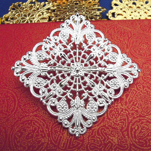 100pcs 61x61mm Silver Plated Copper Big square Filigree Flower Pins Brooches base Settings Findings Blank DIY Jewelry Making
