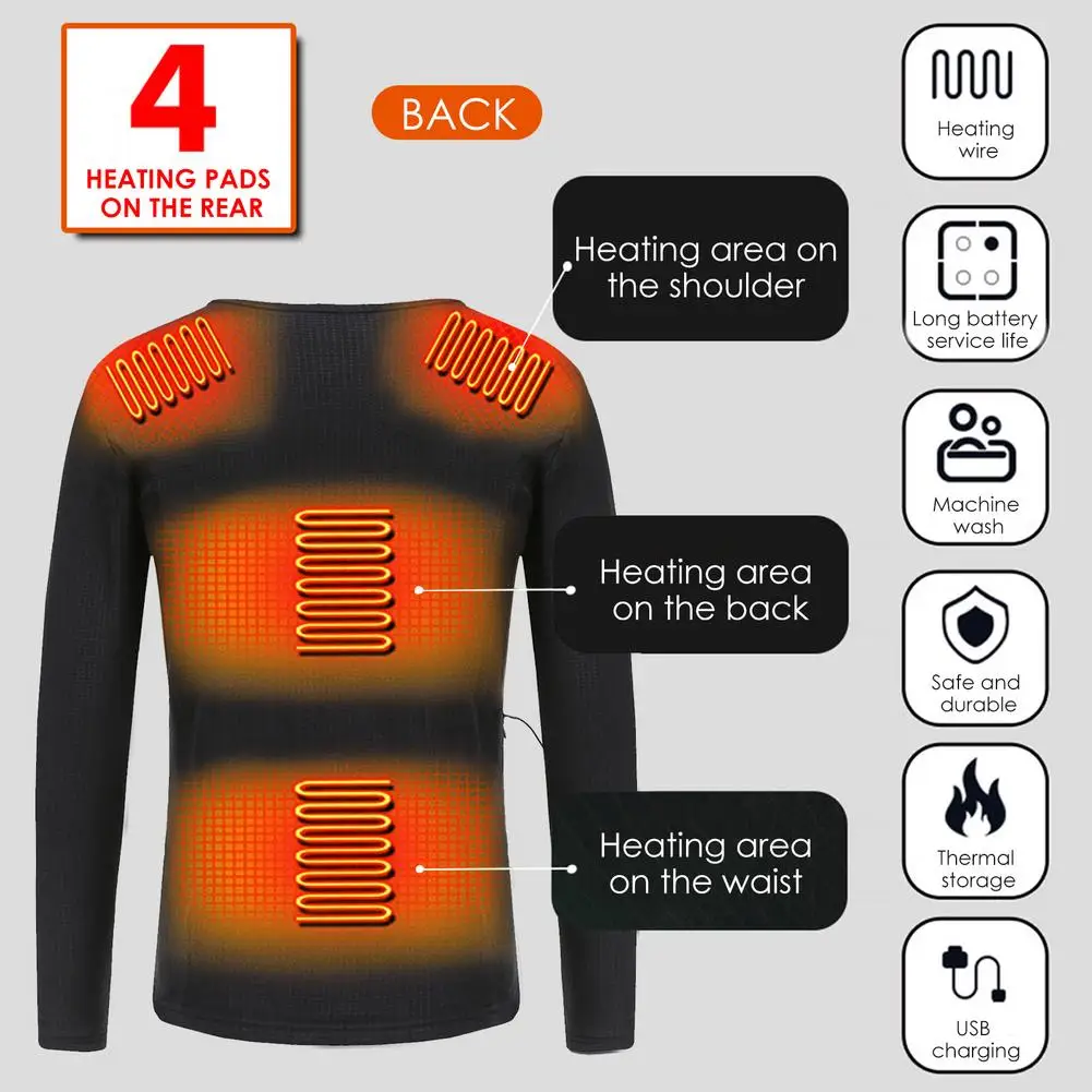 Winter Insulated Heating Underwear with 3 heating pads Washable USB Electric Heated Thermal Long Sleeve T Shirts for Outdooor