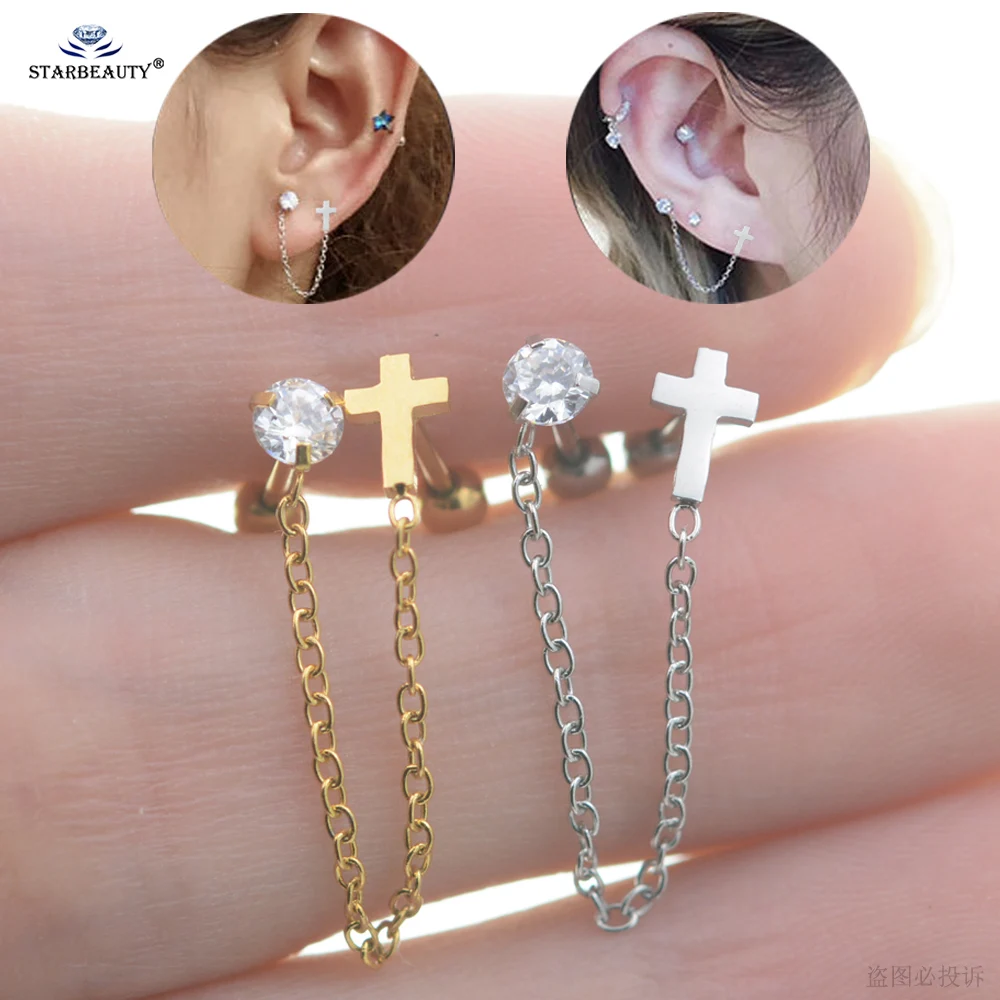 Pendientes con borlas cruzadas finas para mujer, Piercing con cadena para la oreja, cartílago, hélice, Tragus, tachuelas de cristal, 0,8x6mm