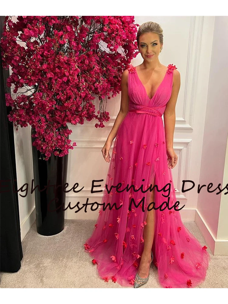 Eightree Plum Pink Slit 3D Flower Prom Dresses Formal Evening Party Night Gowns V Neck Sleeveless vestidos festa Graduation Gown