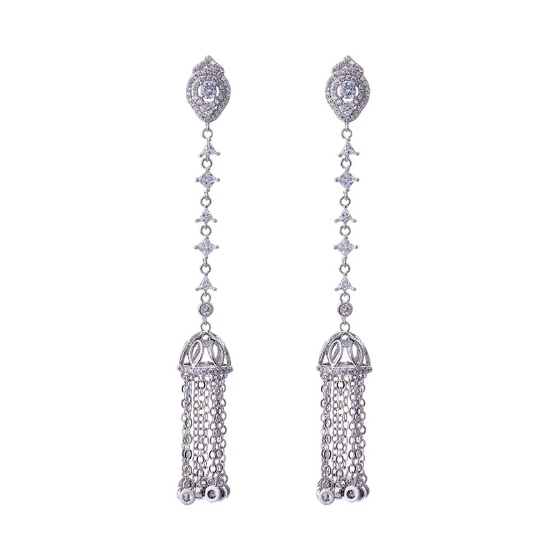 cubic zircon micro crastal tassel long drop earring for women elegant bride jewelry  accessories evening dress&wedding jewelry