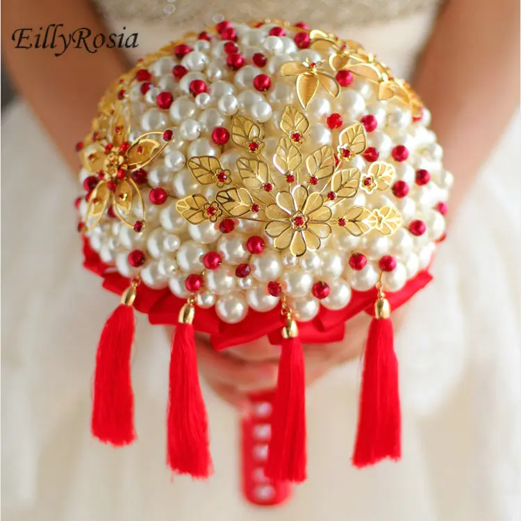 White Full Pearls Bridal Bouquet Gold Jewelry Red Tessel Chinese Style Classic Bridesmaid Wedding Bouquet Handmade Gorgeous