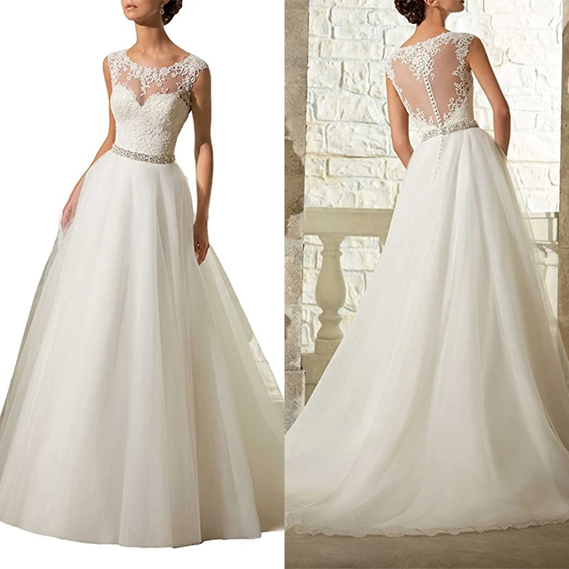 

White Lace Wedding Dresses Classical Bride Floor Length Applique Open Back Sexy Embroidery Slim Beautiful Wedding Dresses