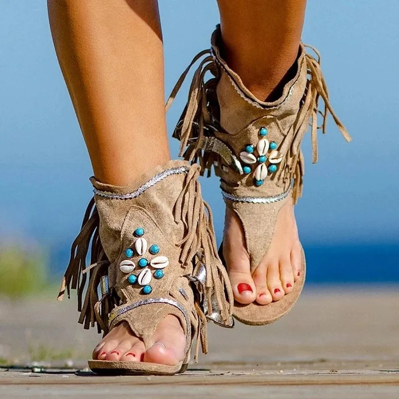 Retro Women Fringe Flower Wedges Shoes 2020 Solid Flock Beach Casual Sandals Women Summer Flip Flop Sandals