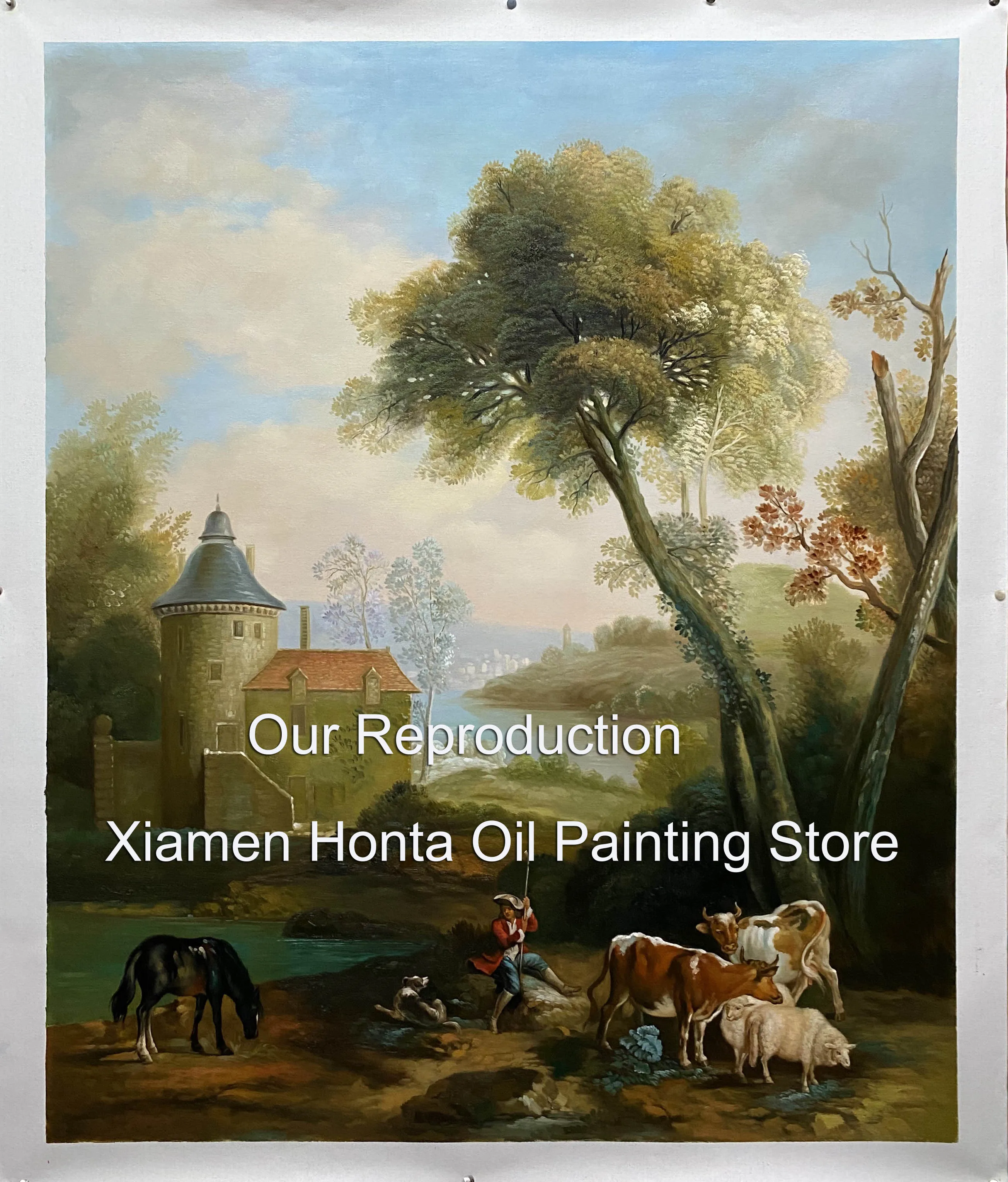 Oil Painting Reproduction,handmade oil painting,Landscape with a castle in the background animated with a shepherd,Free Shipping