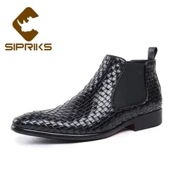 Sipriks Genuine Leather Black Woven Boots For Men Pointed Toe Chelsea Boots Work Boots Luxury Male Wedding Shoes