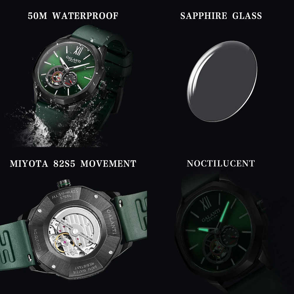 CADISEN Mechanical Automatic Watch Men Luxury Japan MIYOTA 82S5 Movement Hollow Out Watches Rubber strap Luminous Men Wristwatch