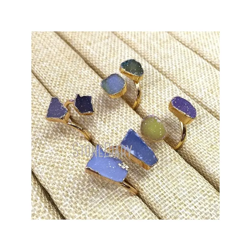 

RM334 5Pcs New Release Double Gold Electroplated Free Form Ring Random Color Agates Druzy Ring Online Adjustable