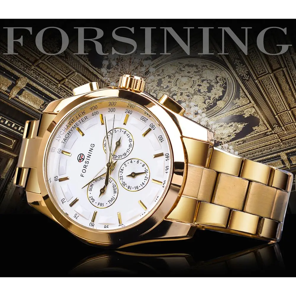 Forsining Golden Men Mechanical Watch Fashion 3 Dial Calendar Steel Band Business Gentleman Automatic Watches Clock Montre Homme