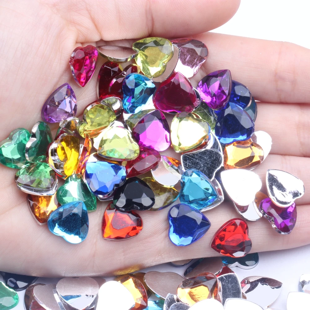 Heart Shape 12mm 30/200pcs Acrylic Rhinestones Flat Back Flat Facets Many Colors For  DIY Nail Art Decoration