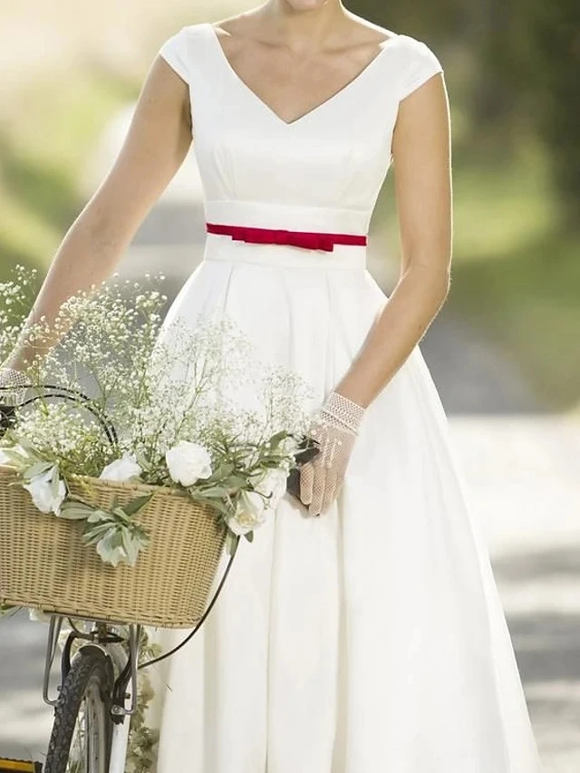 Vestidos De novia con cuello en V para playa, vestido De novia informal Formal De satén con banda roja, 2024